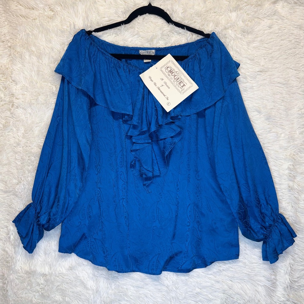 NWT Vintage Croquet Club Med Blue Silk Off‎ Shoulder Ruffle Top Western Boho